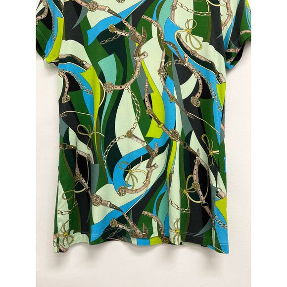L’Agence Ressi Sea Green Equestrian Belt Swirl Colorful Print Luxury T-Shirt Med - Picture 7 of 11